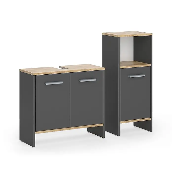 Vicco Badmöbel-Set Karli Anthrazit/Goldkraft Eiche 2 Teile - Anthrazit, Matt - Dunkelgraue und helle Holz-Badmöbelgarnitur mit Waschbeckenunterschrank und einem Hochschrank.