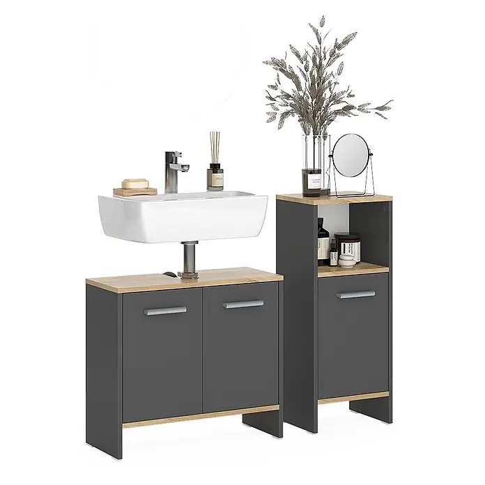 Vicco Badmöbel-Set Karli Anthrazit/Goldkraft Eiche 2 Teile - Anthrazit, Matt - Moderne dunkelgraue Badmöbel mit weißem Waschbecken und Holzdetails, dazu passender Hochschrank.