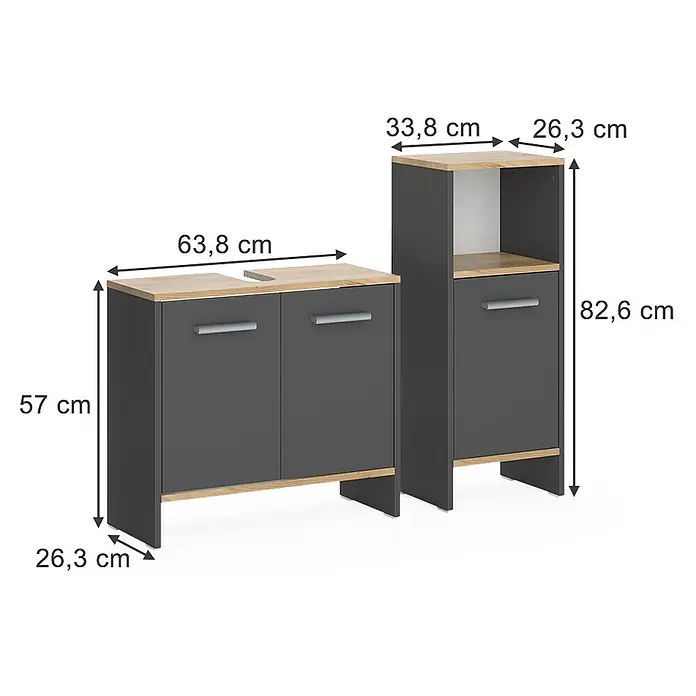 Vicco Badmöbel-Set Karli Anthrazit/Goldkraft Eiche 2 Teile - Anthrazit, Matt - Zwei dunkelgraue Badschränke mit Holzdetails: ein niedriger Waschtischunterschrank mit Aussparungen und ein hoher Beistellschrank.