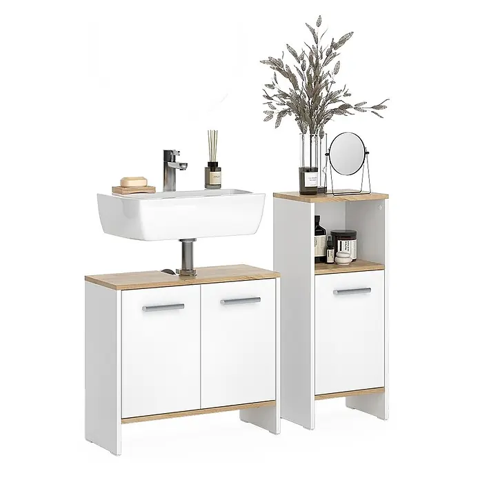 Vicco Badmöbel-Set Karli Weiß/Goldkraft Eiche 2 Teile - Weiß, Matt - Weißer Badunterschrank mit Keramikwaschbecken und passendem Hochschrank, beide mit heller Holzoptik.
