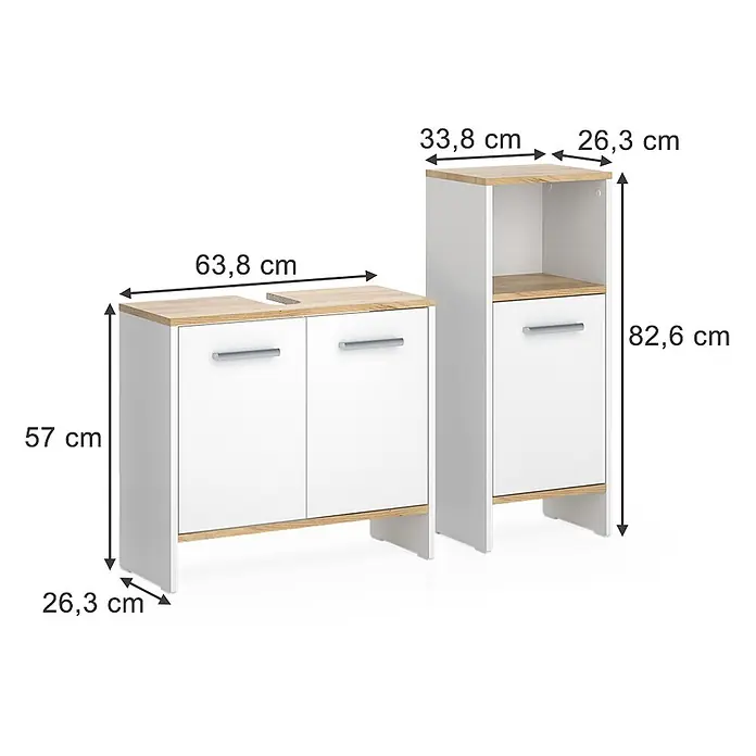 Vicco Badmöbel-Set Karli Weiß/Goldkraft Eiche 2 Teile - Weiß, Matt - Zwei weiße und holzfarbene Badezimmerschränke mit Maßen: ein größerer Waschbeckenunterschrank (63,8x57x26,3 cm) und ein höherer Beistellschrank (33,8x82,6x26,3 cm).