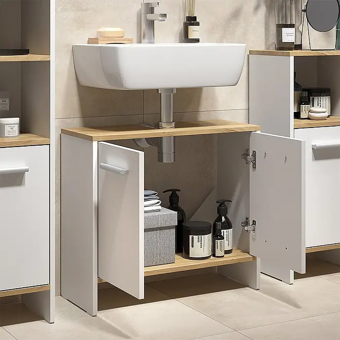 Vicco Badmöbel-Set Karli Weiß/Goldkraft Eiche 2 Teile - Weiß, Matt - Weißer und heller Holz-Badezimmerschrank mit Waschbecken und offener Ablage, ergänzt durch passende Seitenschränke, bietet praktische Aufbewahrung.