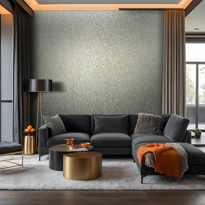 Marburg Ritus Vliestapete Floral - Blau-Gold, Floral, 10,05 x 0,53 m - Tapete mit hellem Hintergrund und schimmerndem goldenem Blumen- und Pflanzenmuster, an einer Wohnzimmerwand hinter einem Sofa.