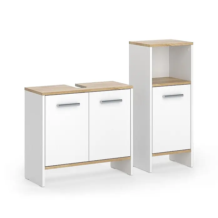 Vicco Badmöbel-Set Karli Weiß/Goldkraft Eiche 2 Teile - Weiß, Matt - Weißer Zweitür-Badunterschrank mit Waschtischausschnitt, passender Hochschrank mit offenem Fach. Beide mit hellen Holzplatten/Sockeln, silbernen Griffen.