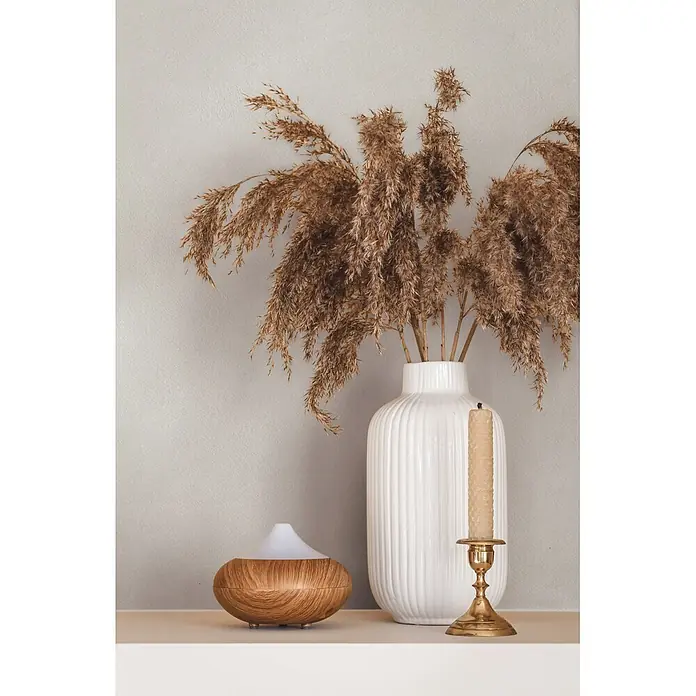 Marburg Whisper Vliestapete Putzoptik I - Beige, Sonstiges, 10,05 x 0,53 m - Ein Aroma-Diffusor in Holzoptik, eine weiße gerippte Vase mit getrocknetem Pampasgras und eine Bienenwachskerze in einem Messinghalter.