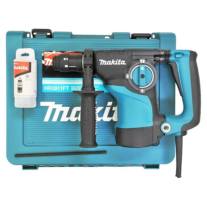 Makita Kombihammer HR2811FT - 800 W, 2,8 J, Schnellspannbohrfutter - Blauer und schwarzer Makita HR2811FT Bohrhammer mit Zusatzgriff und Bohrfutteradapter in seinem türkisfarbenen Koffer.