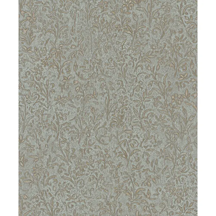 Marburg Ritus Vliestapete Floral - Blau-Gold, Floral, 10,05 x 0,53 m - Strukturierte Tapete in Salbeigrün mit geprägtem metallisch-goldenem Blumen- und Rankenmuster.