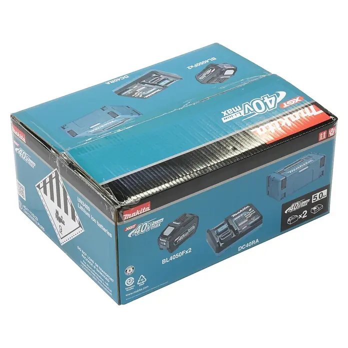 Makita XGT 40V max. Akku-Set - 40 V, 5 Ah, Li-Ionen, 2 Akkus - Blau-schwarze Makita XGT 40V Li-Ion Akku- und Ladegerät-Kitbox, zeigt zwei Akkus und ein Ladegerät.