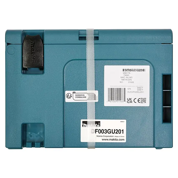 Makita XGT 40V max. Akku-Bohrschrauber-Set DF003GU201 - 40 V, 2 Akkus, 4 Ah, 140 Nm - Türkise Makita Kunststoff-Aufbewahrungsbox mit weißem Produktetikett, mit transparentem Gurt gesichert.