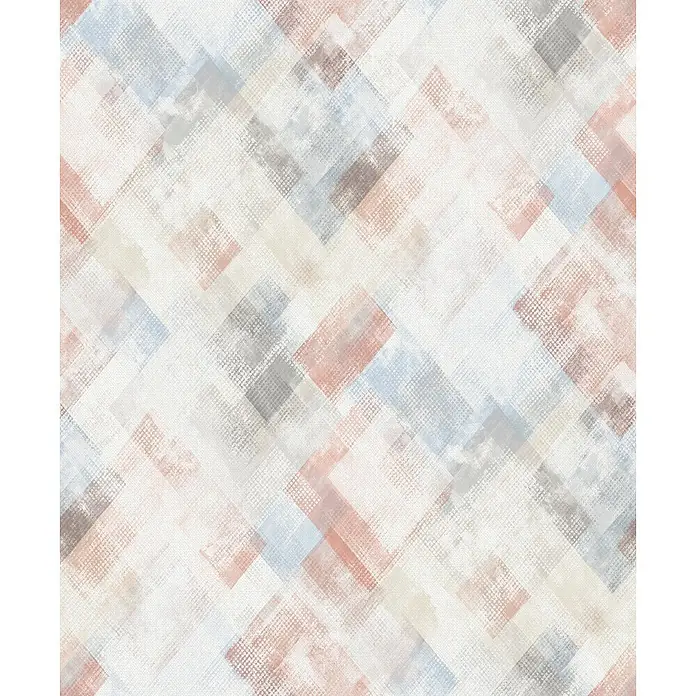 Marburg Novamur Plus Fresh UP Vliestapete Grafik - Blau-Beige, Grafisch, 10,05 x 0,53 m - Abstraktes geometrisches Muster mit überlappenden Rechtecken in gedämpften Pfirsich-, Blau- und Grautönen und texturierter Leinwandoptik.