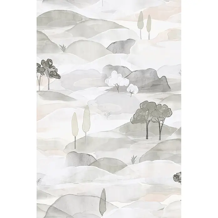 Marburg Boho Vliestapete Landscape - Grau-Weiß, Sonstiges, 10,05 x 0,53 m - Gedämpftes Aquarell-Landschaftsmuster mit Hügeln und Bäumen.