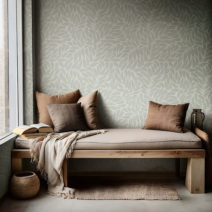 Marburg Boho Vliestapete Floral I - Grün, Floral, 10,05 x 0,53 m - Gemütliche Fensterbank mit heller Holzbank, beigen Kissen, braunen Polstern, einer cremefarbenen Decke und Büchern, vor einer Tapete mit Blättermuster.