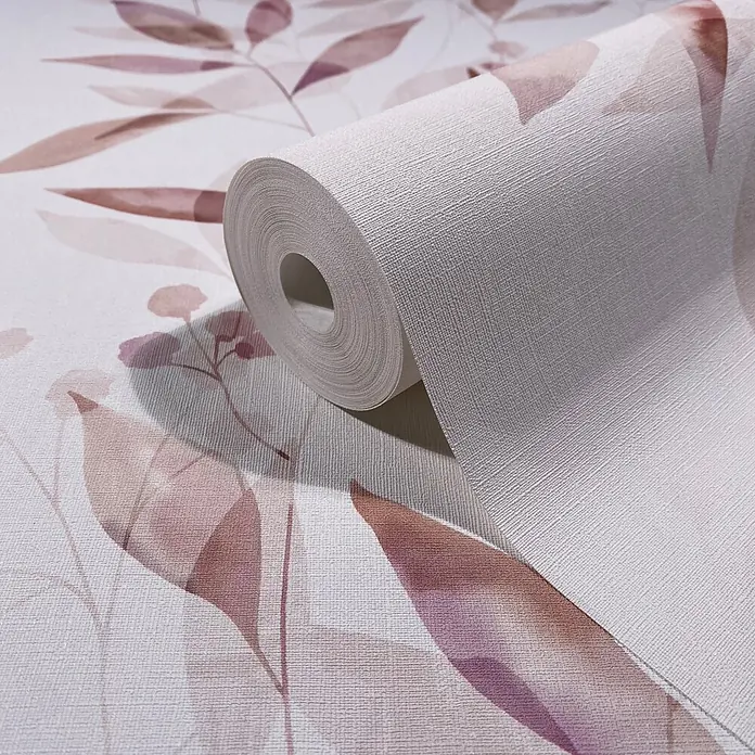 Marburg Novamur Plus Fresh UP Vliestapete Floral - Weiß-Rot, Floral, 10,05 x 0,53 m - Texturierte Tapetenrolle mit abstraktem pink-lila Blättermuster, entrollt um das Design zu zeigen.