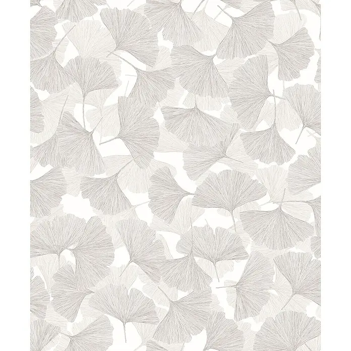 Marburg Boho Vliestapete Floral - Grau-Weiß, Floral, 10,05 x 0,53 m - Helle graue Ginkgo-Blatt-Muster-Tapete mit einer geschichteten, natürlichen Textur.