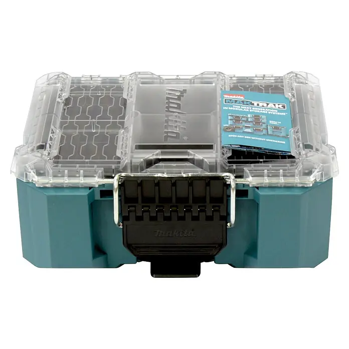 Makita Organizer Maktrak Kompakt - L x B x H: 39 x 28 x 16 cm - Makita MAKPAC modularer Werkzeugkoffer mit türkiser Basis, transparentem Deckel und schwarzen Verschlüssen.