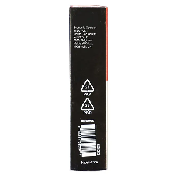 Makita Sägekette - Passend für: 80TXL Sägeschiene mit 35 cm Länge - Seite einer schwarzen Produktverpackung mit Herstellerangaben, Recyclingsymbolen für Karton und Kunststofffolie, Barcode und 'Made in China'.