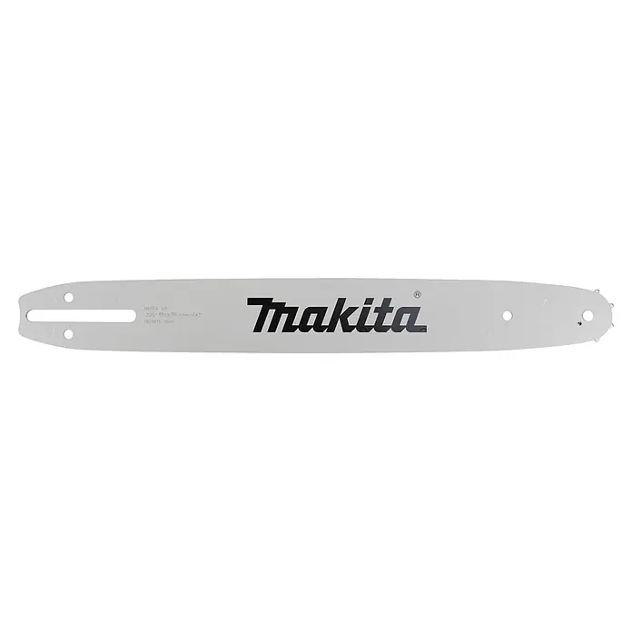 Makita Sägeschwert - Passend für: 80TXL Sägeketten mit einer Teilung von 0.325" - Hellgraue Makita Kettensägenführungsschiene mit Spezifikationen, Befestigungslöchern und Kettenkanal.
