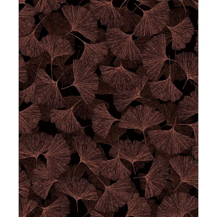 Marburg Boho Vliestapete Floral - Braun, Floral, 10,05 x 0,53 m - Muster aus filigranen kupferfarbenen Ginkgo-Blättern auf dunklem Hintergrund.