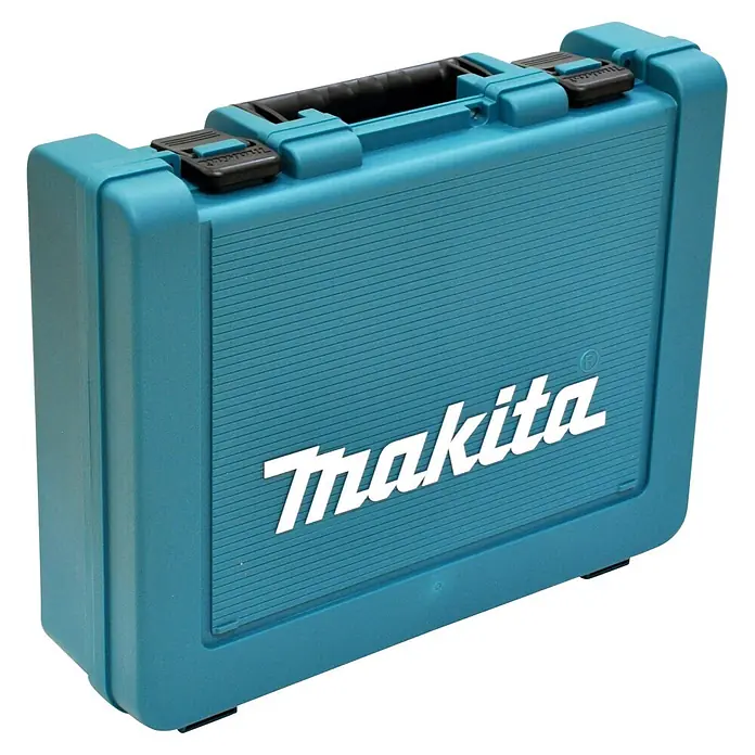 Makita Kombihammer HR2811FT - 800 W, 2,8 J, Schnellspannbohrfutter - Blauer Kunststoff-Makita-Werkzeugkoffer mit Griff und Verschlüssen, zeigt das weiße Makita-Logo. Ideal zur Werkzeugaufbewahrung und Transport.