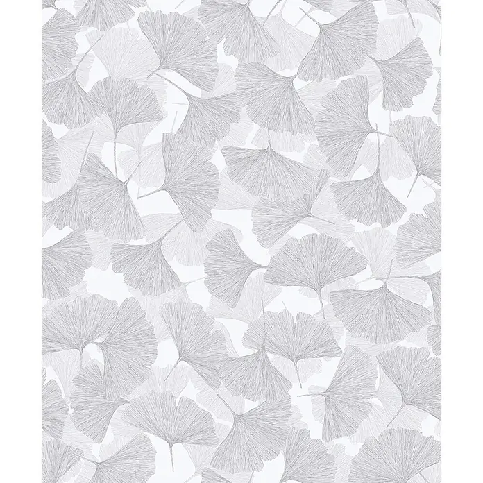 Marburg Boho Vliestapete Floral - Grau, Floral, 10,05 x 0,53 m - Hellgraues Skizzenmuster mit Ginkgoblättern, das ein zartes, geschichtetes Design bildet.