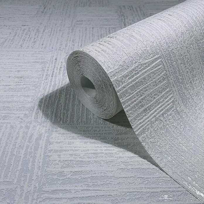 Marburg Vliestapete Novamur Naomi Streifen - Blau, Streifen, 10,05 x 0,53 m - Hellegraue, texturierte Tapetenrolle mit dezentem Gittermuster, teilweise abgerollt.
