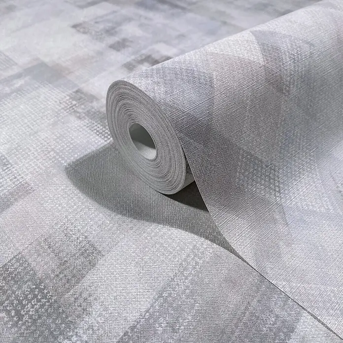 Marburg Novamur Plus Fresh UP Vliestapete Grafik - Blau-Grau, Grafisch, 10,05 x 0,53 m - Rolle aus texturierter grau-weißer Tapete mit dezentem geometrischem Muster, teilweise abgerollt.