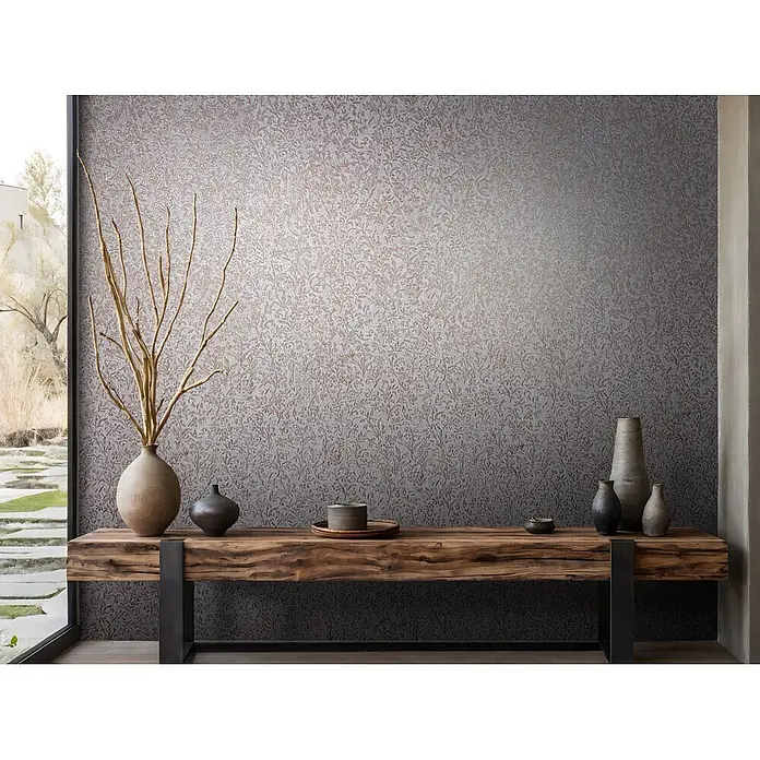 Marburg Ritus Vliestapete Floral - Grau-Kupfer, Floral, 10,05 x 0,53 m - Graue texturierte Tapete mit kompliziertem metallischem Blumenmuster, die eine moderne Wand akzentuiert.