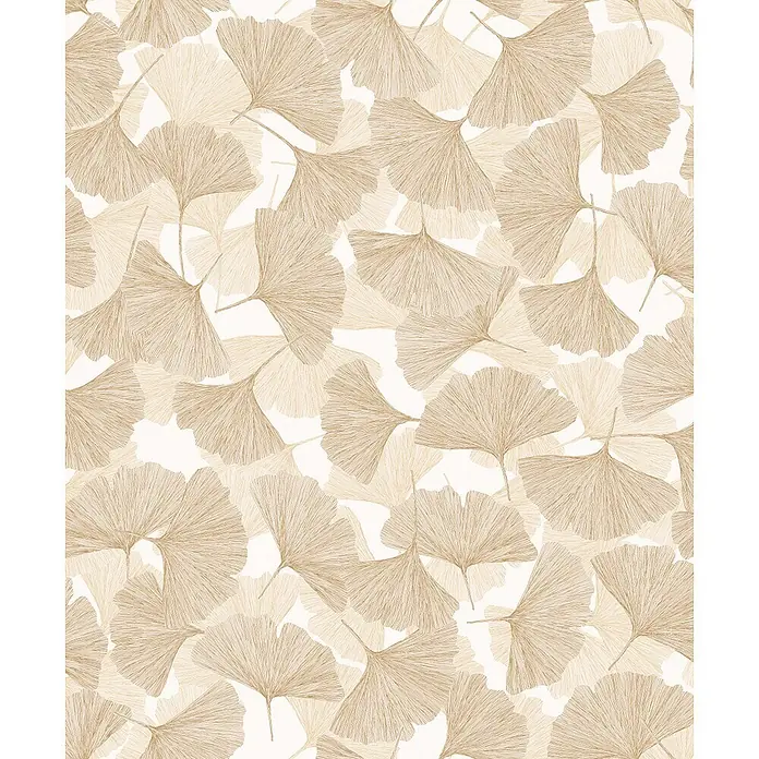 Marburg Boho Vliestapete Floral - Beige, Floral, 10,05 x 0,53 m - Nahtloses Muster aus überlappenden Ginkgoblätern in verschiedenen Beige- und Brauntönen mit feinen Linien.