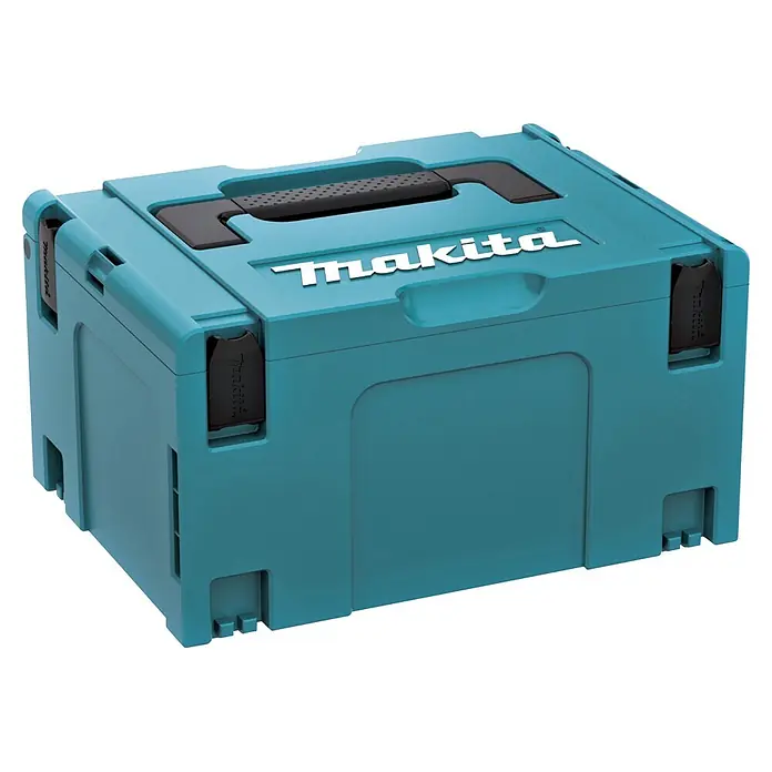 Makita XGT 40V max. Akku-Bohrschrauber-Set DF003GU201 - 40 V, 2 Akkus, 4 Ah, 140 Nm - Blaue/türkise Makita Systembox aus Kunststoff mit schwarzem Griff und Verschlüssen, mit Makita-Logo auf dem Deckel, zur Werkzeugaufbewahrung.
