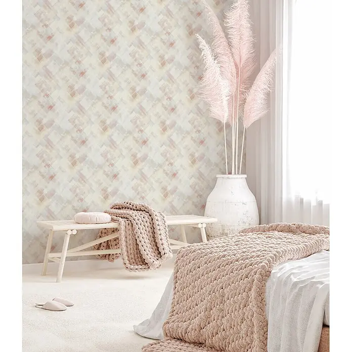 Marburg Novamur Plus Fresh UP Vliestapete Grafik - Grau-Beige, Grafisch, 10,05 x 0,53 m - Abstrakte geometrische Tapete in gedämpften Beige-, Rosa- und Grautönen an einer Schlafzimmerwand.