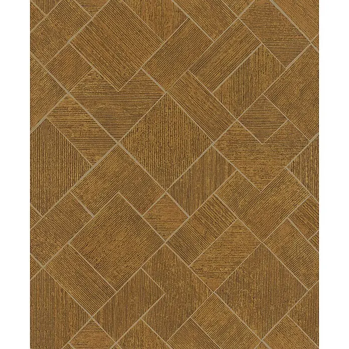 Marburg Ritus Vliestapete Grafik I - Gold, Grafisch, 10,05 x 0,53 m - Geometrisches Muster aus braunen und goldenen Fliesen mit Holzmaserung und hellgrauen Fugen.