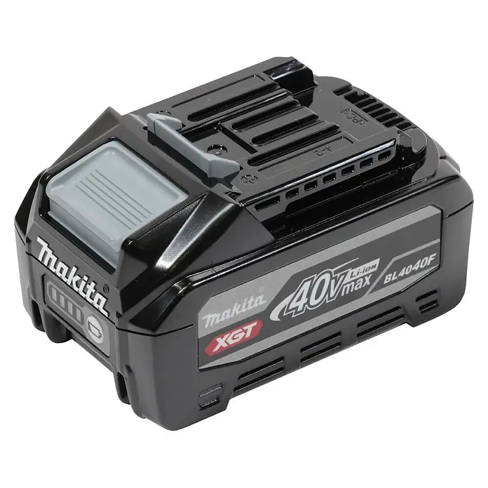 Makita XGT 40V max. Akku-Bohrschrauber-Set DF003GU201 - 40 V, 2 Akkus, 4 Ah, 140 Nm - Makita 40V max XGT Li-ion Akku BL4040F, schwarz mit grauen Akzenten und Batteriestandanzeige.