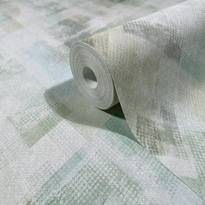 Marburg Novamur Plus Fresh UP Vliestapete Grafik - Grün-Grau, Grafisch, 10,05 x 0,53 m - Eine Rolle hellgrün und blau gemusterter Tapete, teilweise abgerollt, zeigt ihre texturierte Oberfläche.