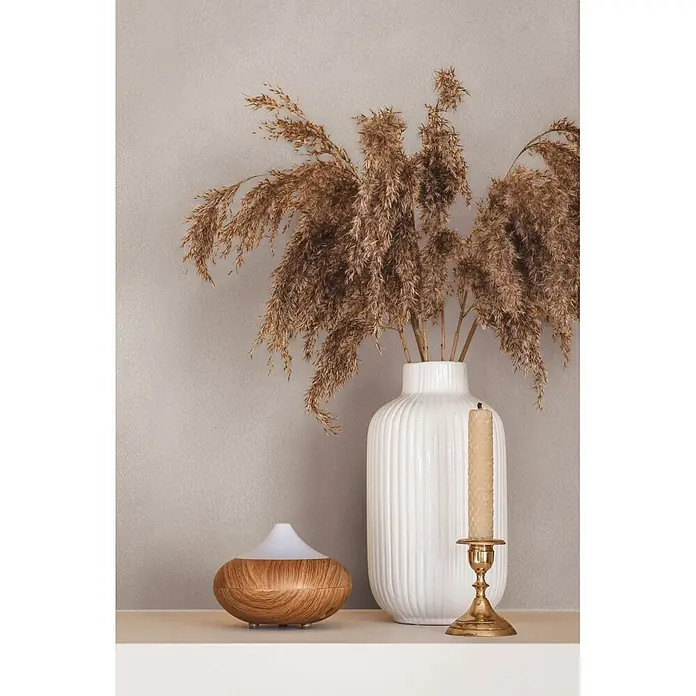 Marburg Whisper Vliestapete Putzoptik I - Beige-Braun, Sonstiges, 10,05 x 0,53 m - Ein Aroma-Diffusor, eine weiße gerippte Vase mit getrocknetem Pampasgras und eine Bienenwachskerze in einem Messinghalter auf einem weißen Regal.