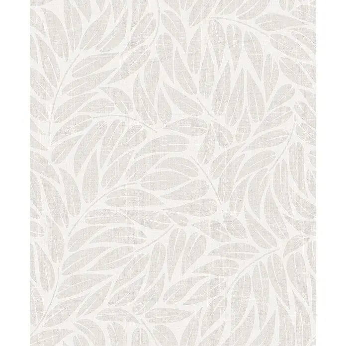 Marburg Boho Vliestapete Floral I - Weiß-Grau, Floral, 10,05 x 0,53 m - Hellbeiger Stoff mit dezentem Blattmuster und Leinenstruktur.