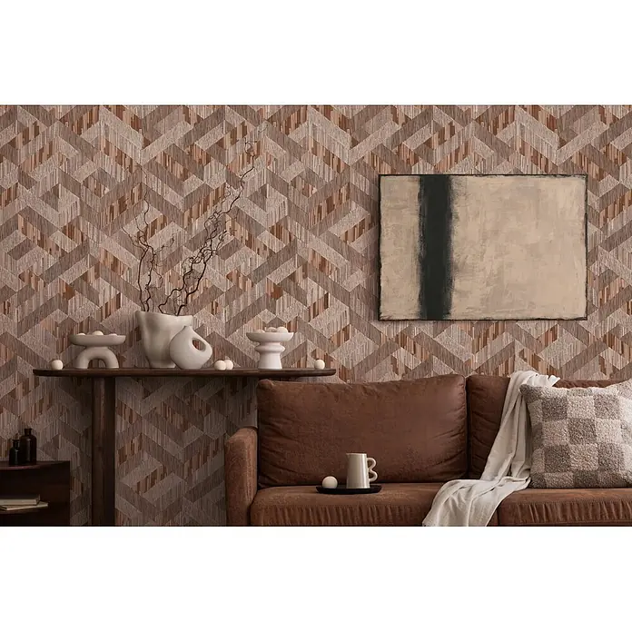 Marburg Boho Vliestapete Holzoptik - Braun, Holzoptik, 10,05 x 0,53 m - Strukturierte Tapete mit Fischgrätmuster aus gewebten Naturfasern in Braun- und Beigetönen.