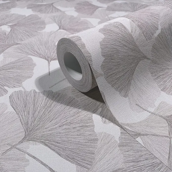 Marburg Boho Vliestapete Floral - Grau-Weiß, Floral, 10,05 x 0,53 m - Rolle strukturierter Tapete mit grauem Ginkgo-Blattmuster.