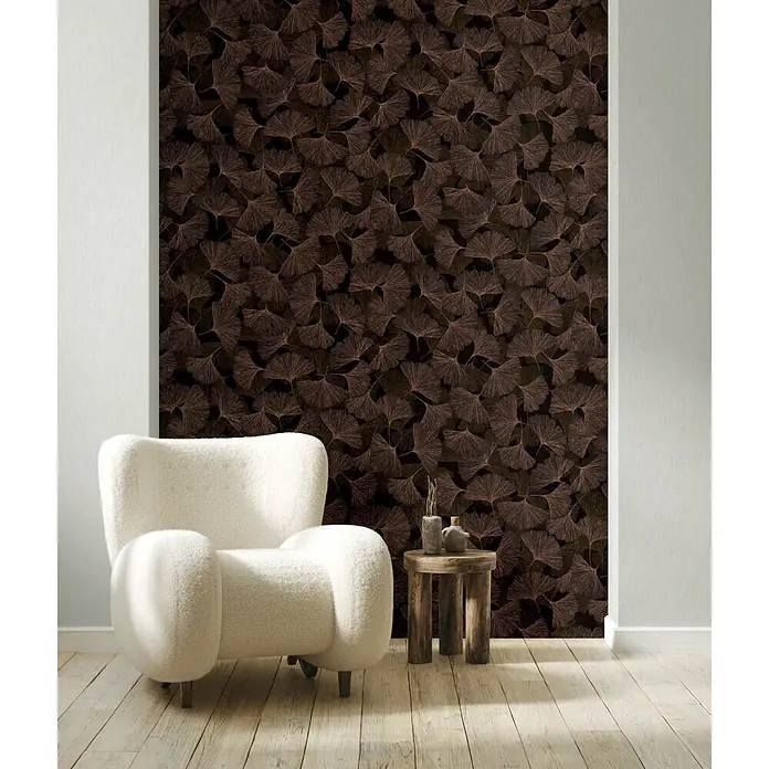Marburg Boho Vliestapete Floral - Braun, Floral, 10,05 x 0,53 m - Dunkle Tapete mit detailliertem kupferfarbenem Ginkgoblattmuster.