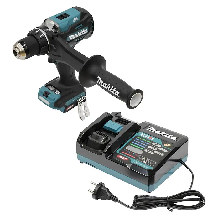 Makita XGT 40V max. Akku-Bohrschrauber-Set DF003GU201 - 40 V, 2 Akkus, 4 Ah, 140 Nm - Makita Akku-Bohrschrauber mit Seitenhandgriff und Ladegerät mit Eurostecker. Schwarz, Petrol und Silbergrau.