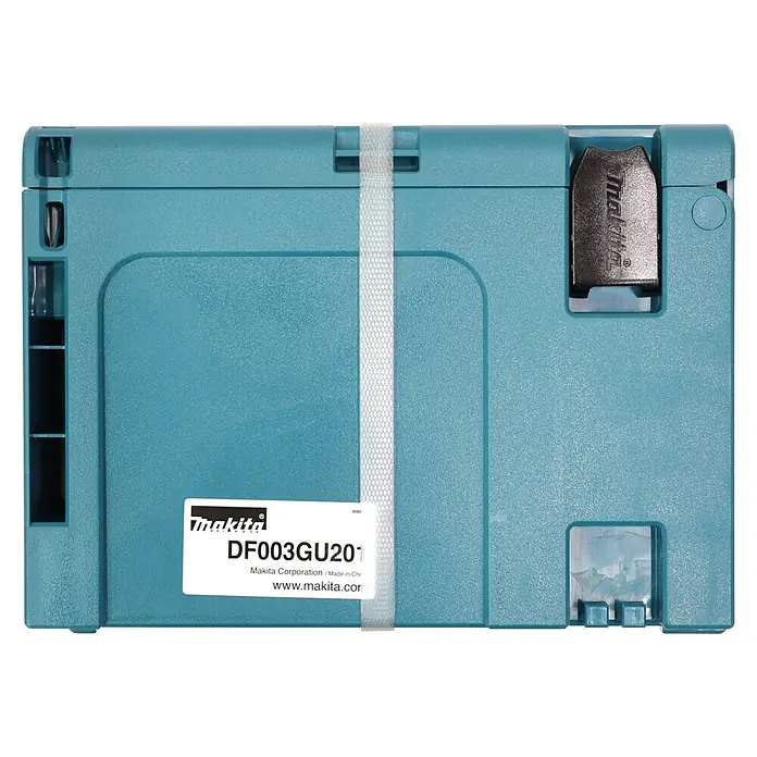 Makita XGT 40V max. Akku-Bohrschrauber-Set DF003GU201 - 40 V, 2 Akkus, 4 Ah, 140 Nm - Blaue Makita Werkzeugkiste aus Kunststoff mit weißem Gurt und Beschriftung DF003GU201.