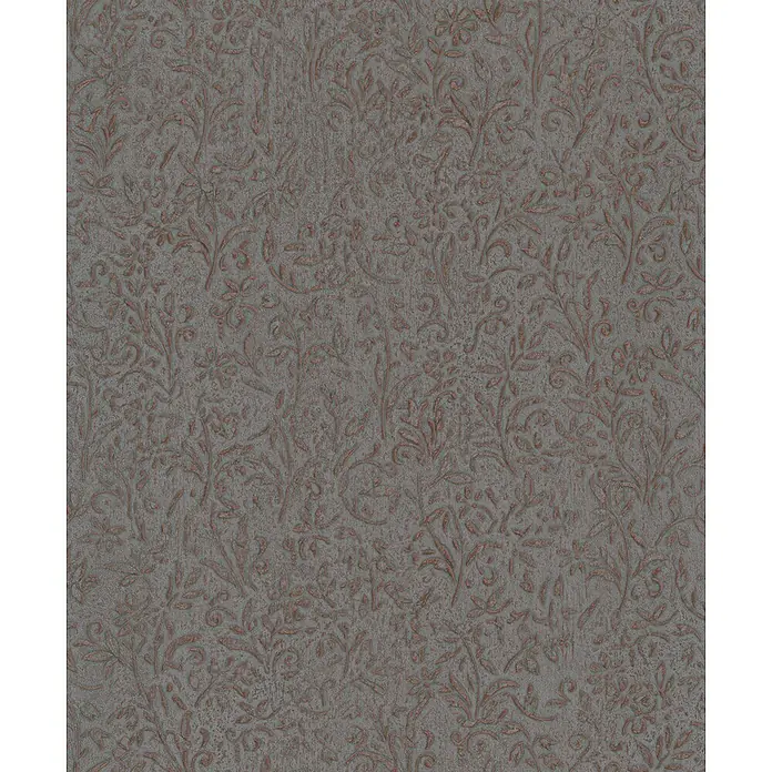Marburg Ritus Vliestapete Floral - Grau-Kupfer, Floral, 10,05 x 0,53 m - Strukturierte graue Oberfläche mit erhabenem, ornamentalem kupferfarbenem Blumenmuster.