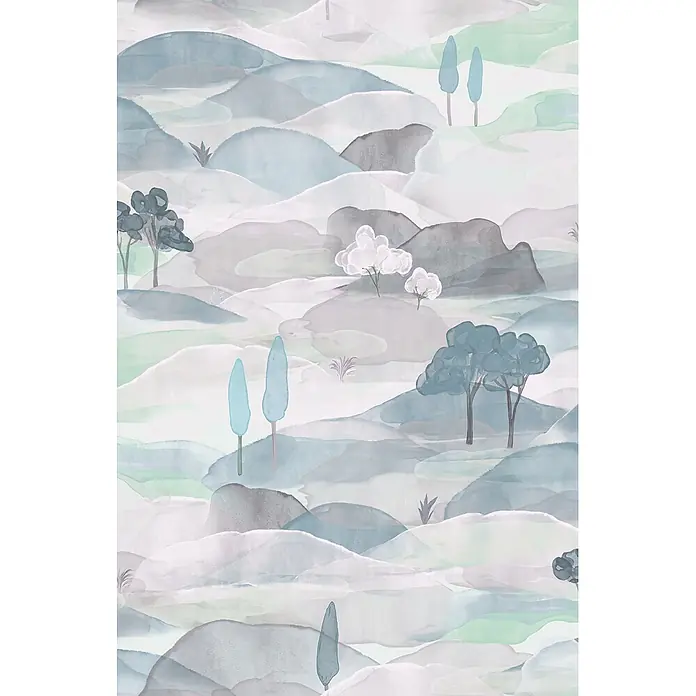 Marburg Boho Vliestapete Landscape - Weiß-Grün-Blau, Sonstiges, 10,05 x 0,53 m - Sanftes Aquarell-Landschaftsmuster mit sanften Hügeln, Bäumen und Wolken in gedämpften Blau-, Grün-, Grau- und Weißtönen.