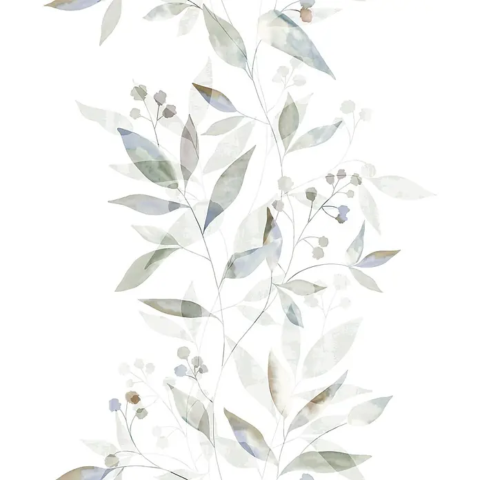 Marburg Novamur Plus Fresh UP Vliestapete Floral - Weiß-Grün, Floral, 10,05 x 0,53 m - Nahtloses Aquarellmuster mit durchscheinenden Blättern und zarten Beeren in gedämpften Grün-, Blau- und Brauntönen.