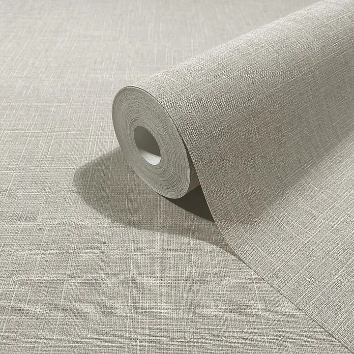 Marburg Boho Vliestapete Uni - Braun, Uni, 10,05 x 0,53 m - Aufgerollte hellgraubraune Tapete mit texturierter Leinenoptik.
