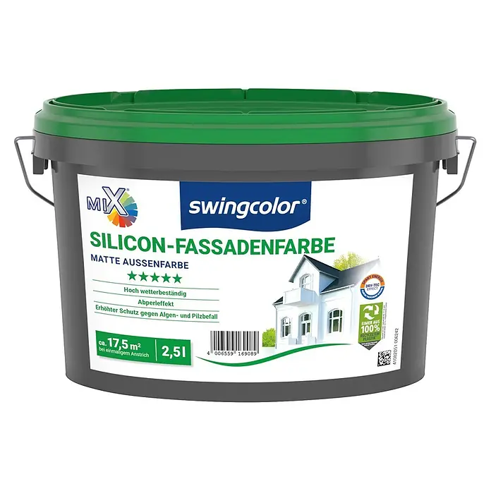 swingcolor Mix Silikon-Fassadenfarbe zum Mischen lassen - Basismischfarbe 1, 2,5 l - Grauer Eimer Swingcolor Silicon-Fassadenfarbe mit grünem Deckel, 2,5l, matte Außenfarbe.