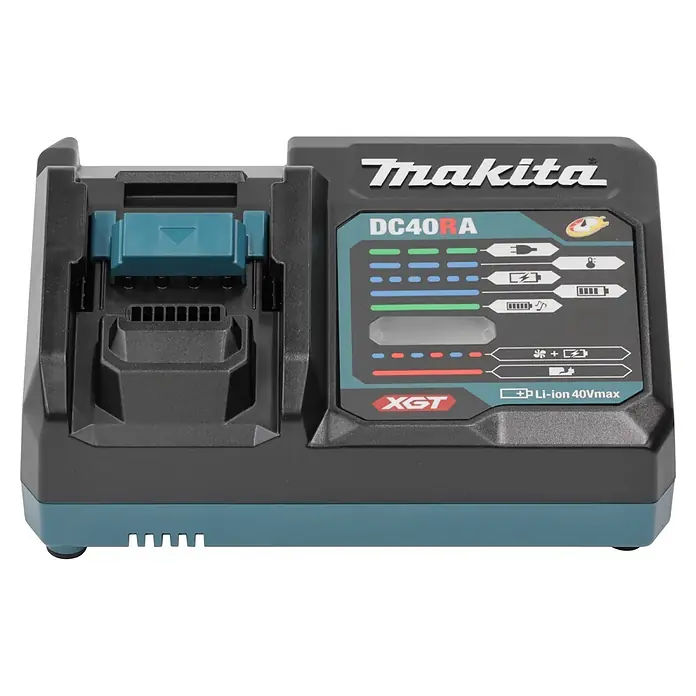 Makita XGT 40V max. Akku-Bohrschrauber-Set DF003GU201 - 40 V, 2 Akkus, 4 Ah, 140 Nm - Makita DC40RA XGT 40Vmax Li-ion Akku-Ladegerät aus schwarzem und blaugrünem Kunststoff mit Statusanzeigen.