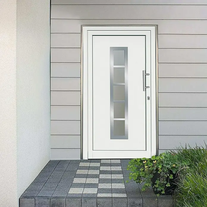 Solid Elements Haustür Stripe II - 110 x 210 cm, DIN Anschlag: Rechts, Weiß - Moderne weiße Haustür mit rechteckigen Glaseinsätzen. Elegantes Design für einen einladenden Eingangsbereich.