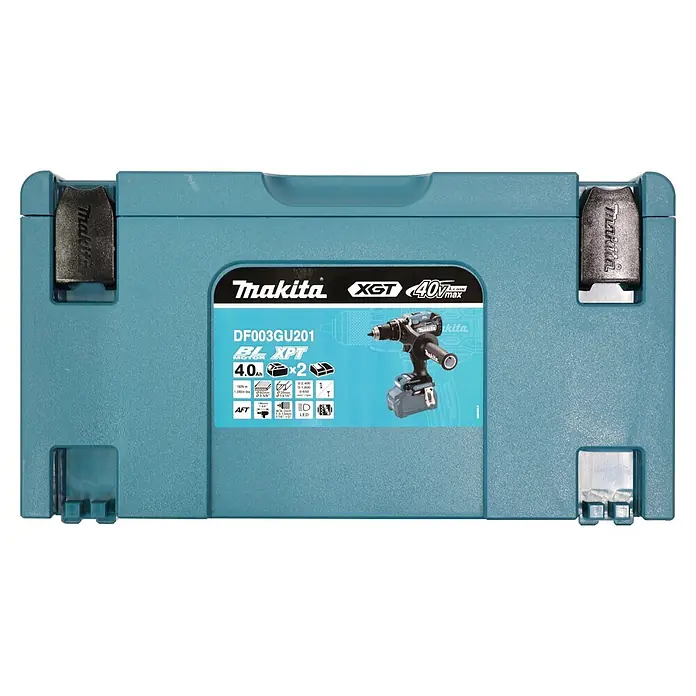 Makita XGT 40V max. Akku-Bohrschrauber-Set DF003GU201 - 40 V, 2 Akkus, 4 Ah, 140 Nm - Blaues Makita XGT 40V Bohrmaschinen-Kit Gehäuse mit Produktdetails und Abbildung des DF003GU201 Bohrers und Akkus.