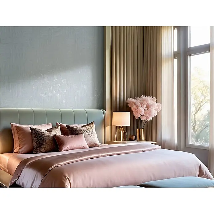 Marburg Vliestapete Novamur Naomi Streifen - Blau, Streifen, 10,05 x 0,53 m - Rosa Satin-Bettwäsche-Set mit Zierkissen auf einem Bett.