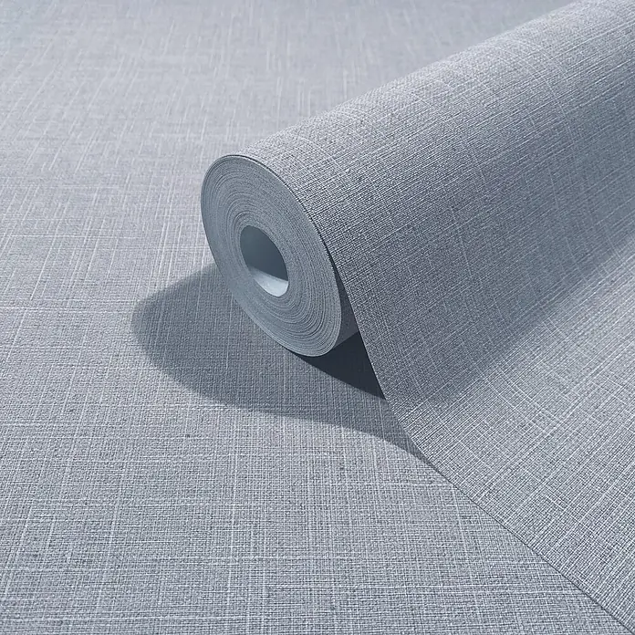 Marburg Boho Vliestapete Uni I - Blau-Grau, Uni, 10,05 x 0,53 m - Rolle hellblau-grauer Tapete mit subtiler Leinenstruktur.